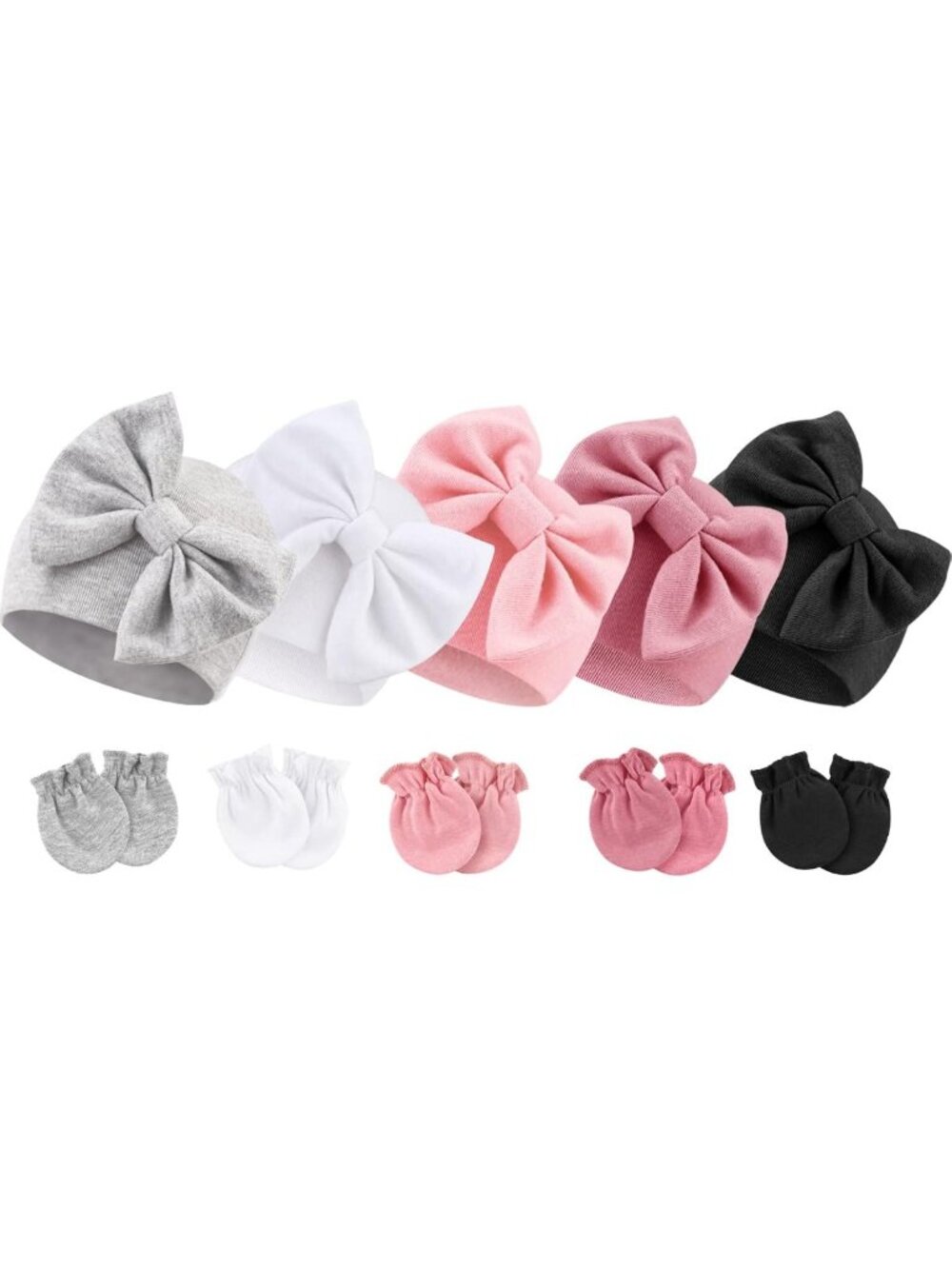Newborn Baby Girls' Hospital Hat & Mittens Set - Cotton Beanie with Bow, 0-6
